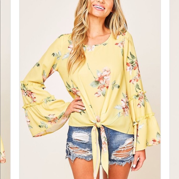 Peach Love California Tops - Peach Love California Yellow Floral Tie-Front Top